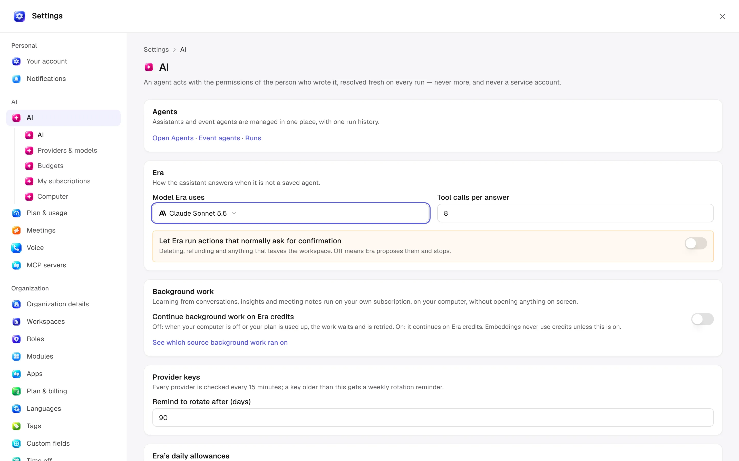 AI settings: models, budgets, meetings and voice