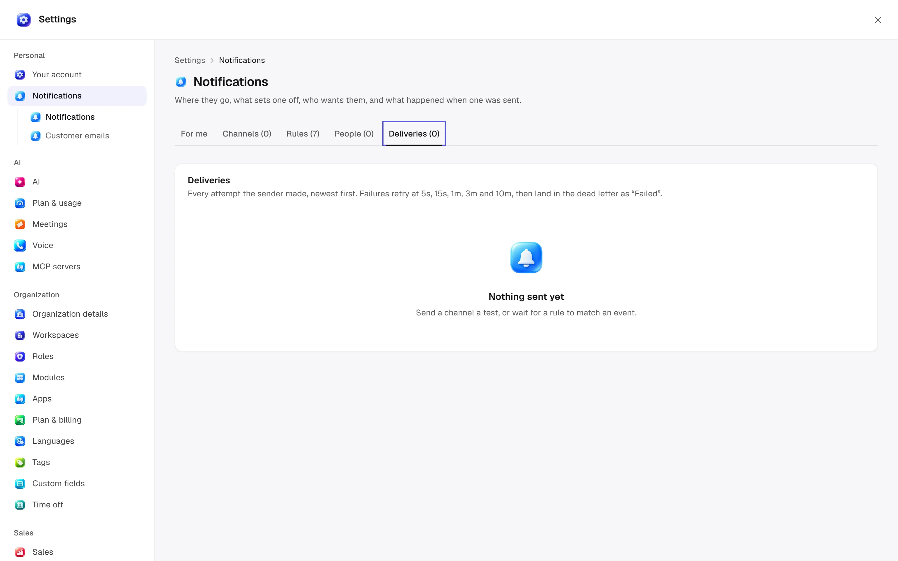 Notification channels, rules and deliveries