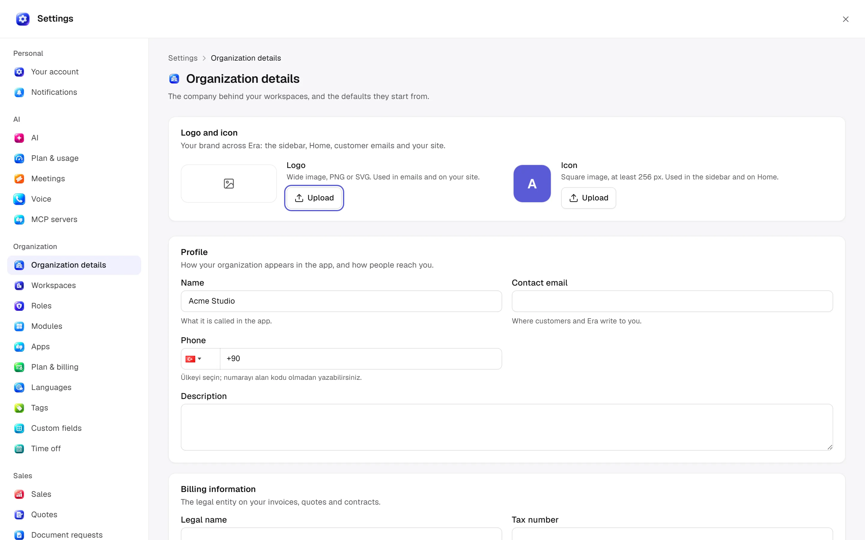 Organization, workspaces and language
