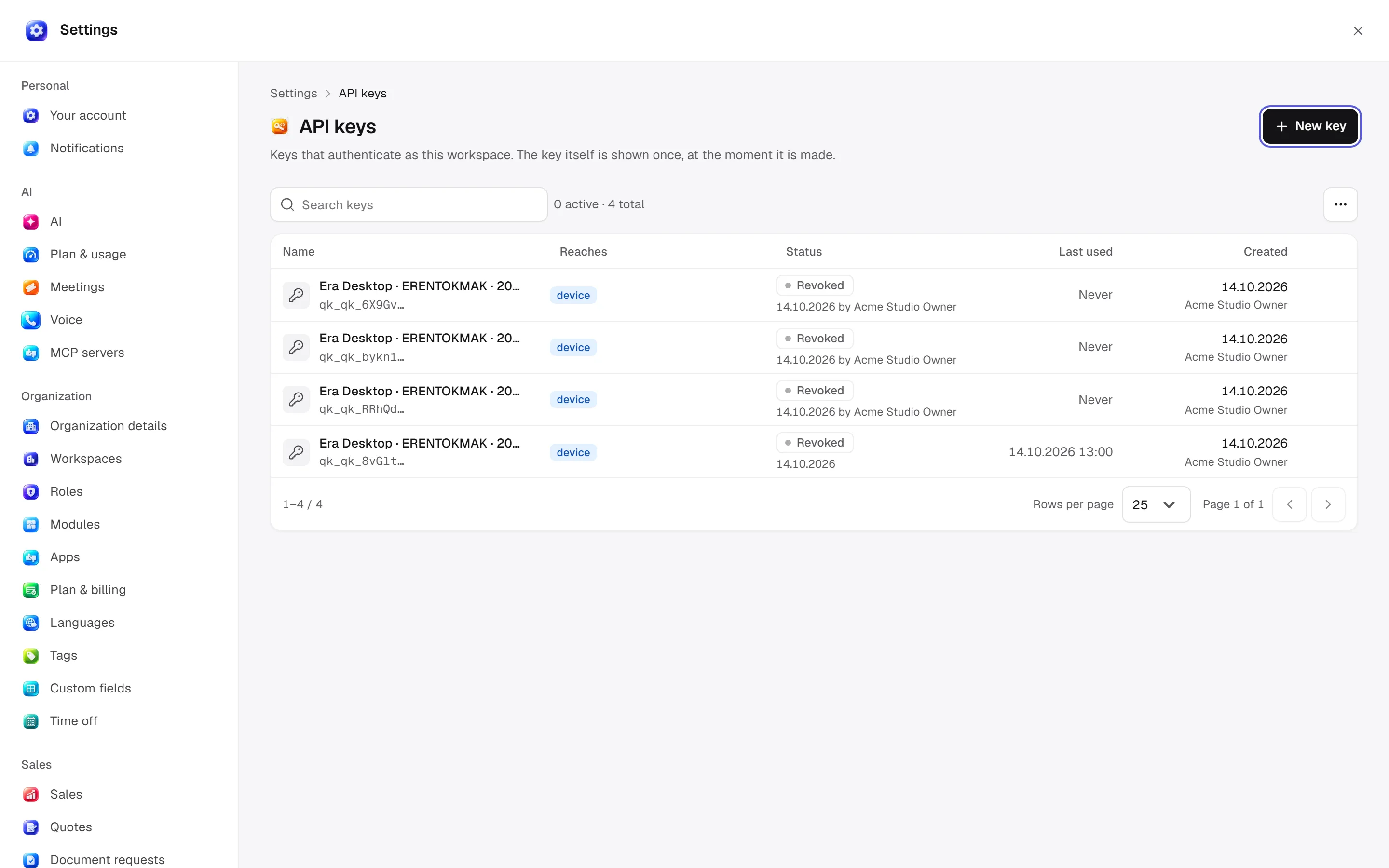 Settings → Advanced → API keys