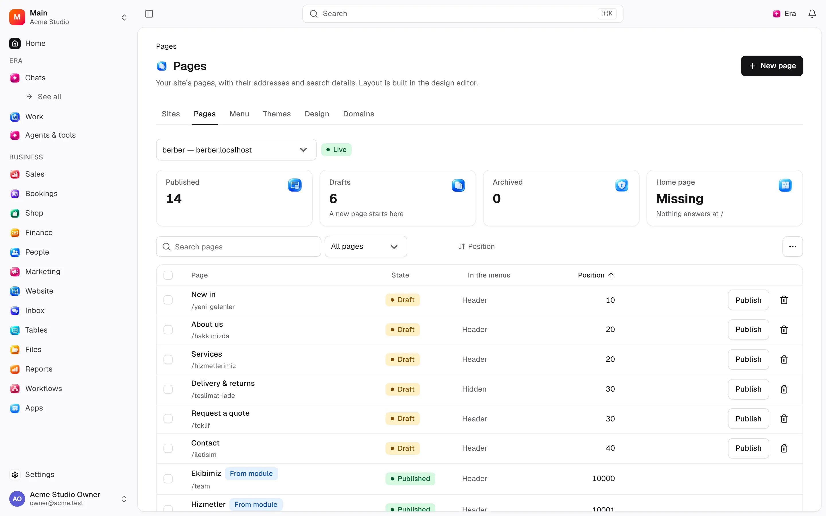 Pages menu and content