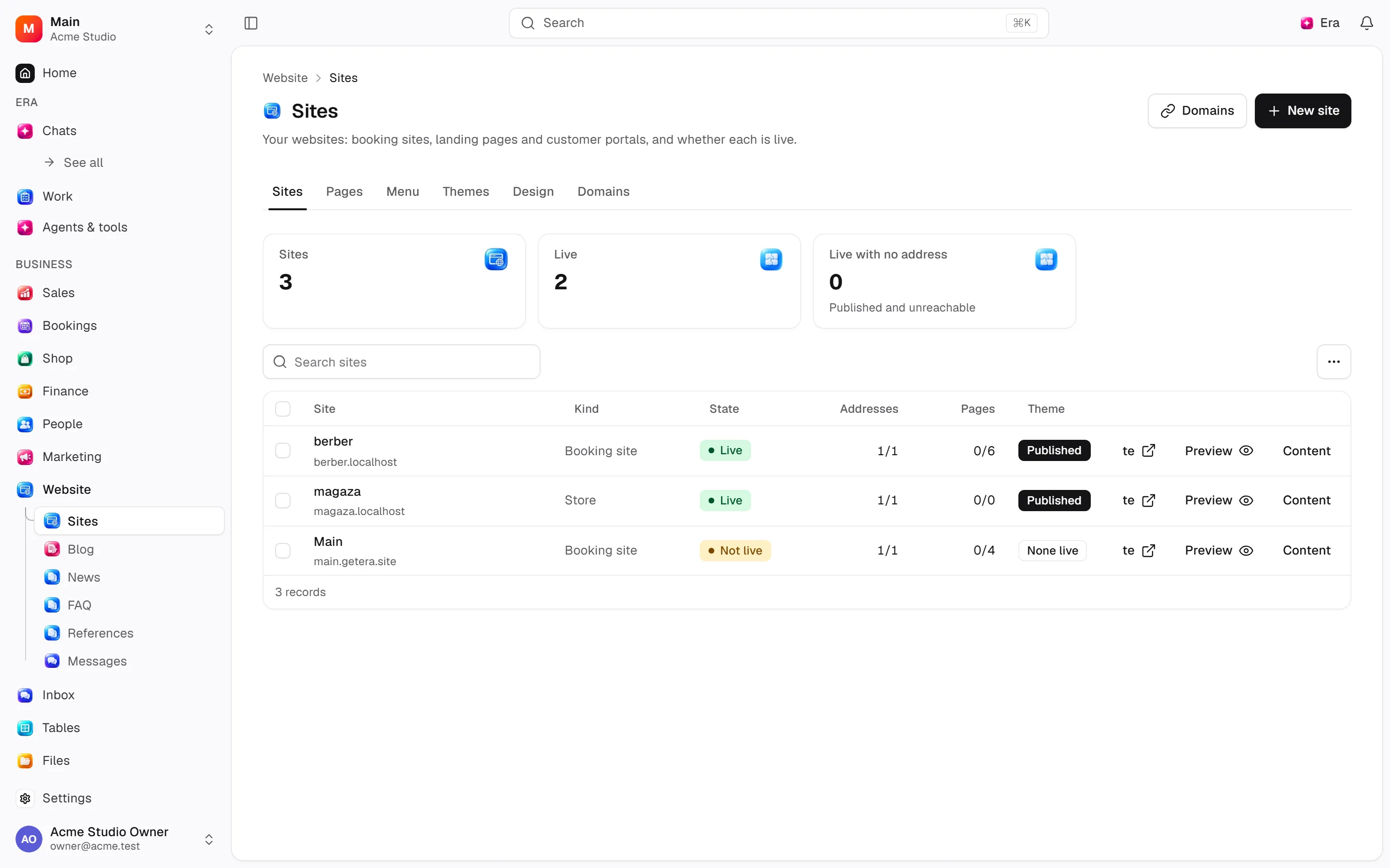 Site: pages, design and domains